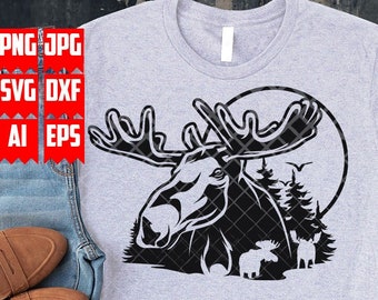 Moose Scene svg | Outdoor Clipart | Camp Scene Cut File | Camping Shirt png | Camp Life Stencil | Lake View dxf | Camper jpeg| Forest Animal