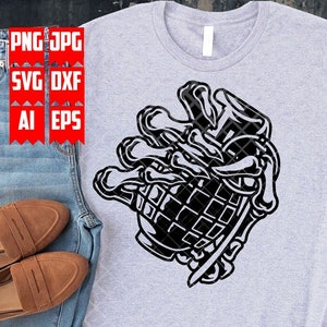 May include: Black and white graphic design of a skeleton hand holding a grenade.