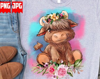 Cute Floral Highland Cow | Files For Sublimation | Highland Cow Png | Cute Animal Cow Png | Cow PNG | Floral Animal Png | Farm Animal Png