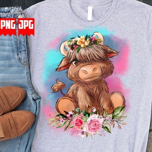 May include: A cute cartoon Highland cow with a floral crown sits on a bed of pink and white flowers. The background is a watercolor wash of blue and pink.
