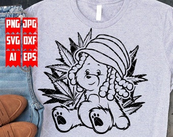 Rasta Teddy Weed High svg | Kush T-shirt Clipart | 420 Hipster Teddy Bear Stencil | Smoking Joint Bear Cut File | Marijuana Cannabis dxf PNG