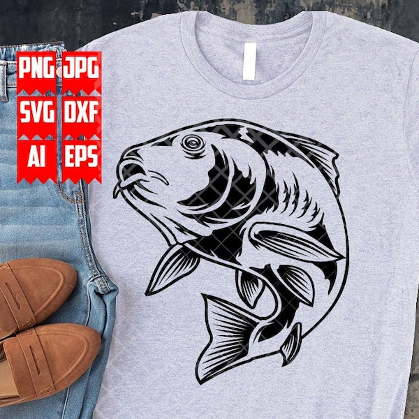 Carp Fish svg | Fresh Water Fishing Clipart | River Angling Stencil | Angler Dad Gift Idea Tshirt Design png | Carp dxf | Fisherman Cut File