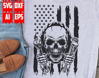 US Plumber Skull svg | Pipe Fitter Clipart | Pipe Repair Dad Stencil | Plumbing Logo Cut File | USA Faucet Repairman Cutfile| Fix Wrench dxf
