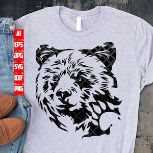 Oso grizzly svg / Archivo de corte de vida salvaje / Clipart de bestia grizzly / Plantilla de vista de campamento / Camiseta de vida de campamento png / Escena de campistas de montaña dxf
