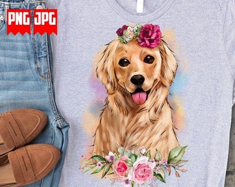 Cute Golden Retriever Dog Png Sublimation | Dog Png | Floral Animal Png | Floral Golden Retriever Dog Png | Dog Lover Shirt | Dog Owner Png