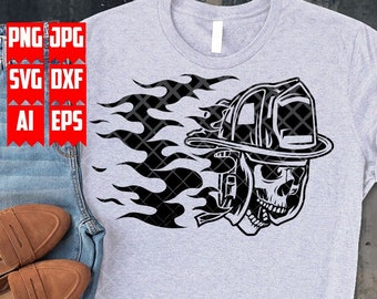 Flaming Fire Fighter Skull svg | Firefighter Dad Clipart | Fireman T-shirt Design png | Patriotic Red Thin Line Cut File | Fireman Tools dxf