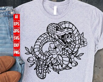 Grzechotnik svg | Clipart węża | Plik do cięcia kwiatów zwierzęcych | Szablon kwiatów grzechotki węża | Koszulka ze zwierzęciem węża png| Kwiatowe zwierzę Dxf