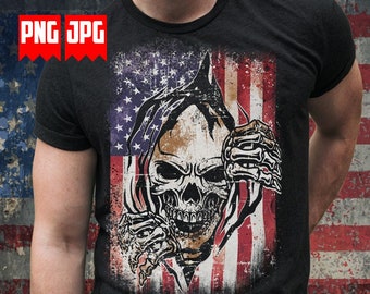 Distressed USA Flag Skull Png Sublimation | USA ripped off Skull Png | Us Patriotic Skull Png | Skull Png | US Flag Png | Us Military Png