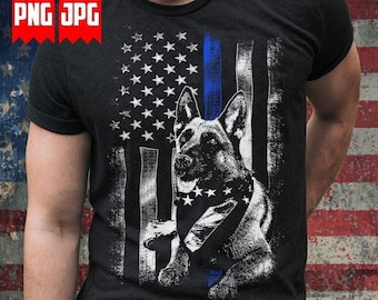 May include: A black t-shirt with a distressed American flag design featuring a German Shepherd dog and a thin blue line.