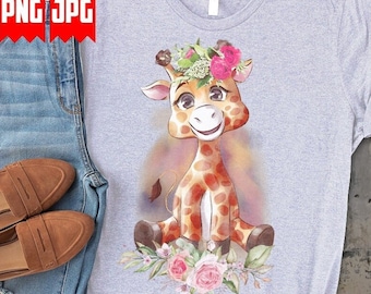 Cute Floral Giraffe PNG Files for Sublimation & DTG | Zoo Crew Shirt jpeg | Baby Animal Printable Files | Safari Life Digital Wrap Prints