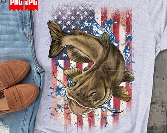 US Flag Cat Fish PNG | Files for Sublimation Prints | Catfish Png | Lake Fishing PNG for Tumbler | Angler Background Waterslide Image Wraps
