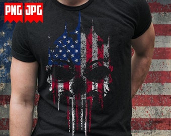 Distressed USA Flag Skull PNG for Sublimation & Dtg Prints | USA Skull Png | Us Patriotic Skull Png | Us Skull Shirt | Grunge Usa Flag Png