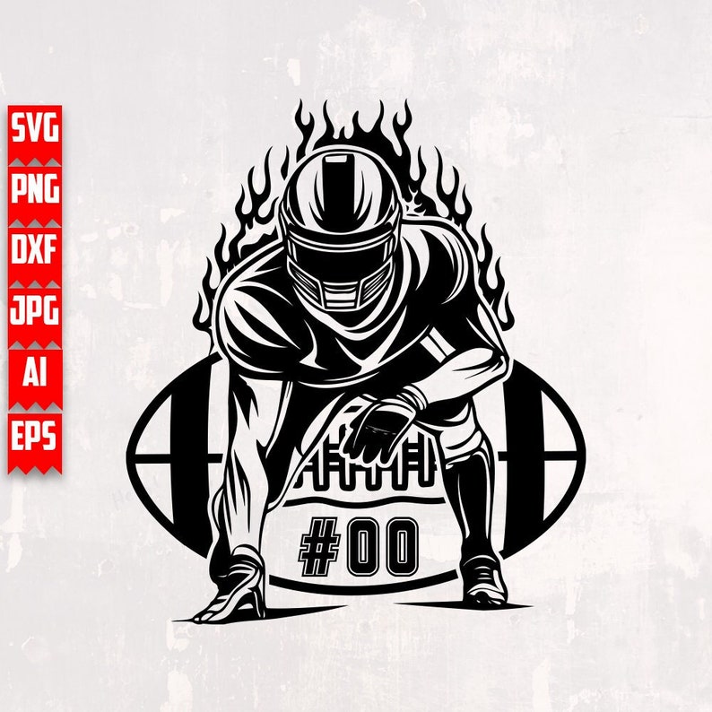 May include: Black and white illustration of a football player in a three-point stance with flames behind him. The player is wearing a helmet and has the number "#00" on his jersey.