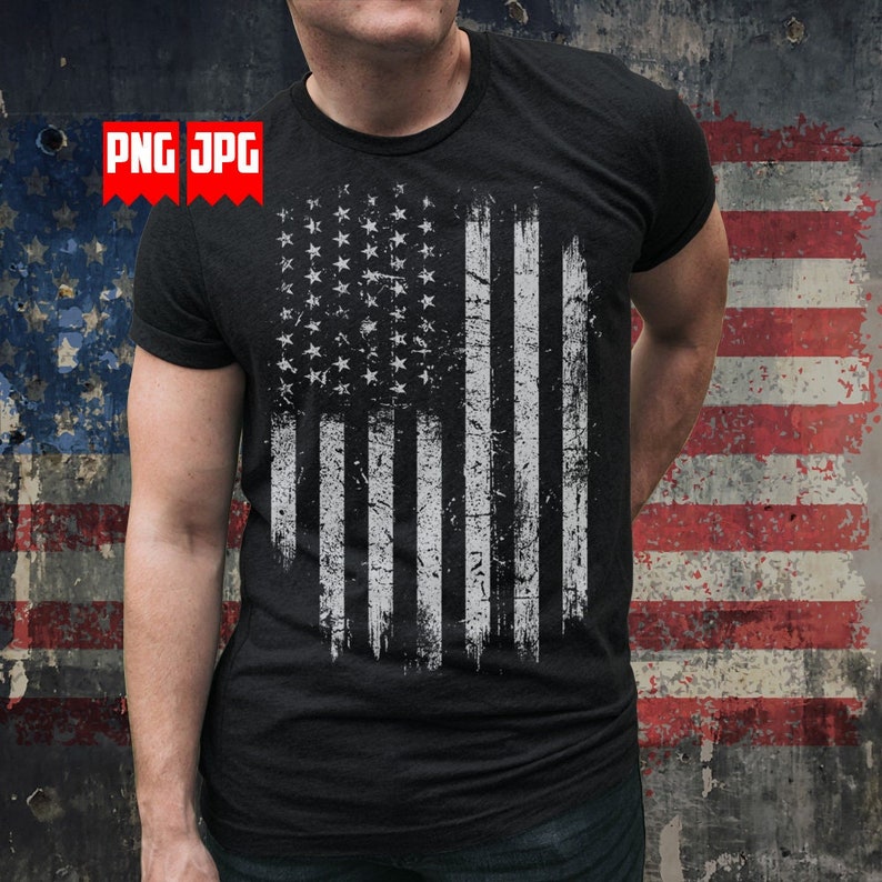 May include: A black t-shirt with a distressed white American flag design. The flag is centered on the shirt and has a faded, vintage look.