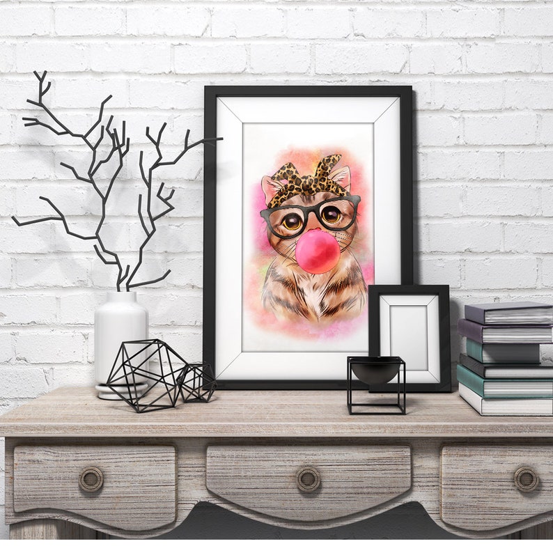 May include: A watercolor painting of a cat wearing a leopard print headband and glasses, blowing a pink bubble. The cat is surrounded by a pink and purple watercolor background.