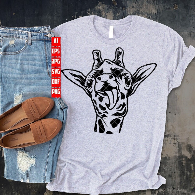 May include: Black and white graphic design of a giraffe's head with its tongue sticking out. The giraffe is looking directly at the viewer.