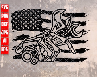 US Skeleton Mechanic Hand svg | Mechanical Dad Gift Idea dxf | USA Repairman Stencil | Floral Wrench Clipart| Flower Mechanic Tools Cut File