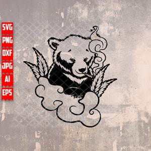 May include: Black and white illustration of a panda bear smoking a joint, surrounded by clouds and marijuana leaves.