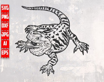 Puede incluir: Ilustración en blanco y negro de un dragón barbudo con una espalda espinosa y una cola larga. El lagarto está en posición agachada con la boca abierta.