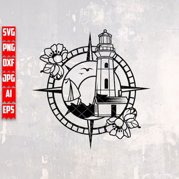 Lighthouse svg | Coast Guard Clipart | Coastal Tower Stencil | Floral Sea Navigation dxf | Seacoast Shirt png | Seaside Light House Cutfile