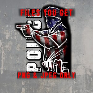 May include: A graphic design featuring a police officer aiming a handgun, with the American flag incorporated into the design. The word "POLICE" is vertically stacked, and the text "FILES YOU GET" and "PNG & JPEG ONLY" are also included.