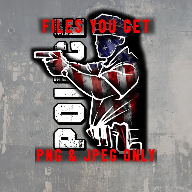 May include: A graphic design featuring a police officer aiming a handgun, with the American flag incorporated into the design. The word "POLICE" is vertically stacked, and the text "FILES YOU GET" and "PNG & JPEG ONLY" are also included.