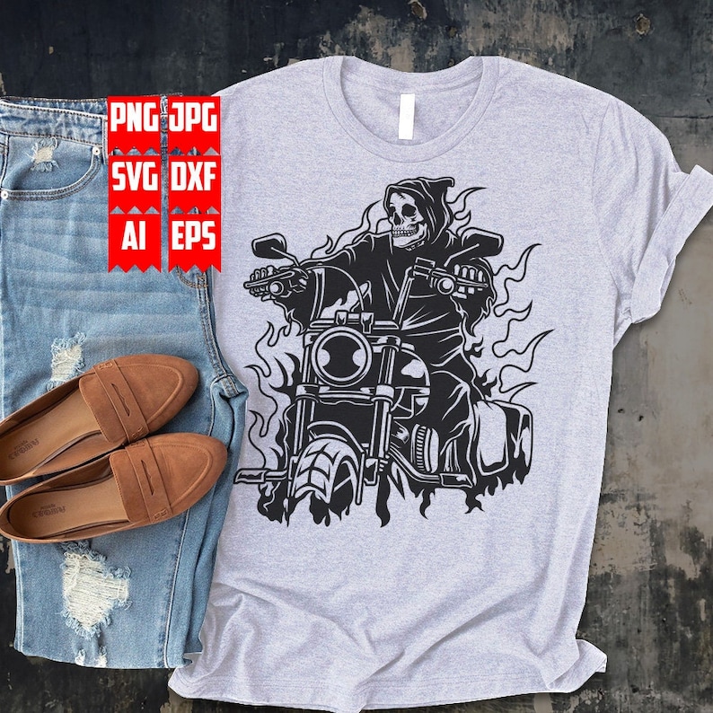 May include: Black and white illustration of a skeleton riding a motorcycle with flames behind it.