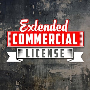 May include: A graphic with the words "Extended Commercial License" in red and white, set against a distressed, dark gray background. The text is in a bold, stylized font, with a banner-like design.