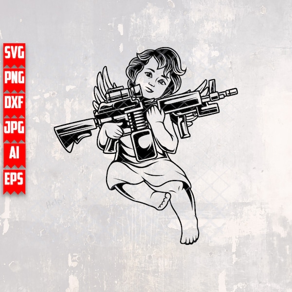 Cherub with Gun svg | Gangster Angel Clipart | Mafia Cupid Stencil | Hippie Valentine Shirt png | Hipster Baby Cutfile | Military Babies dxf