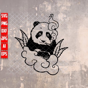 May include: A black and white panda bear with a relaxed expression, smoking a joint and surrounded by marijuana leaves and smoke clouds.