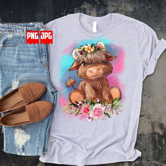 Cute Floral Highland Cow | Files For Sublimation | Highland Cow Png | Cute Animal Cow Png | Cow PNG | Floral Animal Png | Farm Animal Png