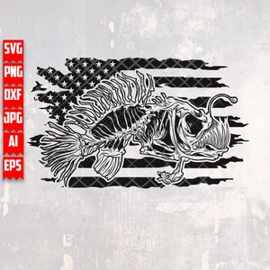 May include: Black and white illustration of a deep-sea anglerfish skeleton over a distressed American flag design. The flag has stars and stripes, with a grunge effect. The image includes file type labels: SVG, PNG, DXF, JPG, AI, and EPS.