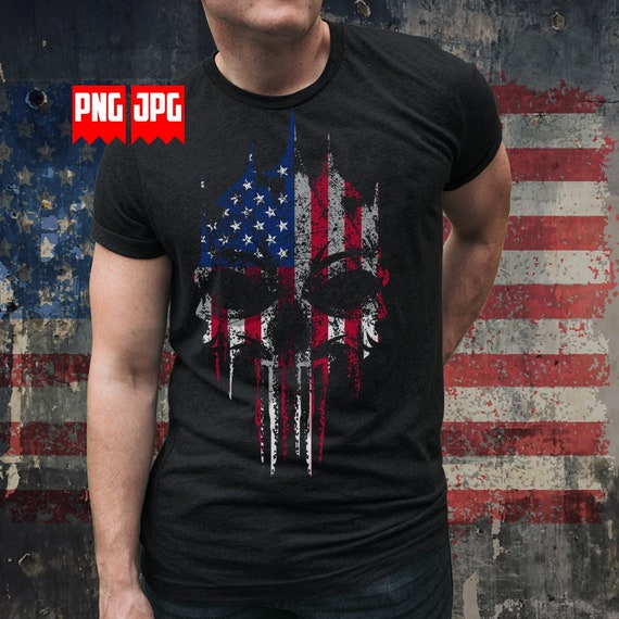 Distressed USA Flag Skull PNG for Sublimation & Dtg Prints | USA Skull Png | Us Patriotic Skull Png | Us Skull Shirt | Grunge Usa Flag Png
