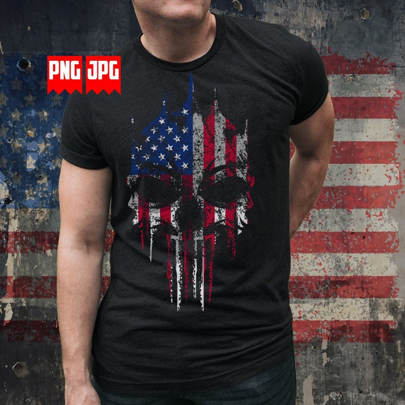 May include: A black t-shirt with a distressed American flag design in the shape of a skull. The flag is red, white, and blue.