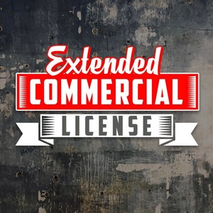 May include: A red and white banner with the text "Extended Commercial License" on a distressed gray background.