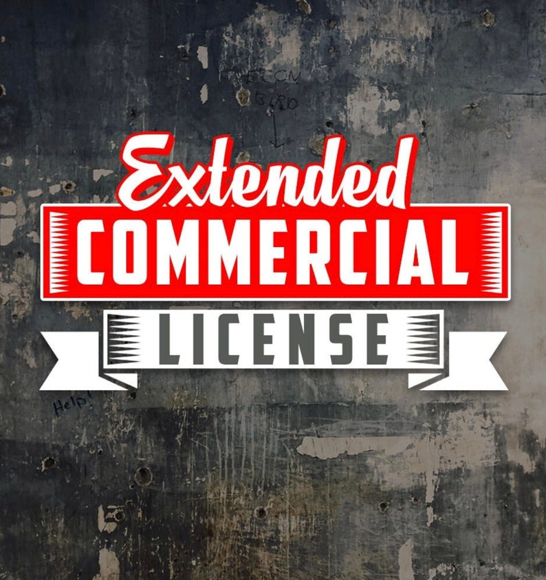 May include: A red and white banner with the text "Extended Commercial License" on a distressed gray background.
