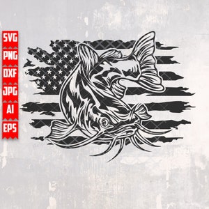 May include: Black and white illustration of a catfish jumping out of the water in front of a distressed American flag.