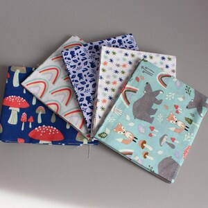 100% Cotton Woodland Forage Fat Quarter Bundle, Woodland Nursery Quilting Fabric, Rainbow Mushrooms Fox & Bear Fabric Palette, Sewing Patch