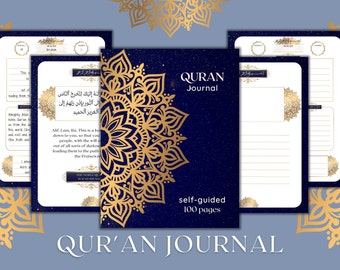 May include: A blue and gold journal with the text "QURAN JOURNAL" on the cover. The journal has a mandala design and the text "self-guided 100 pages".