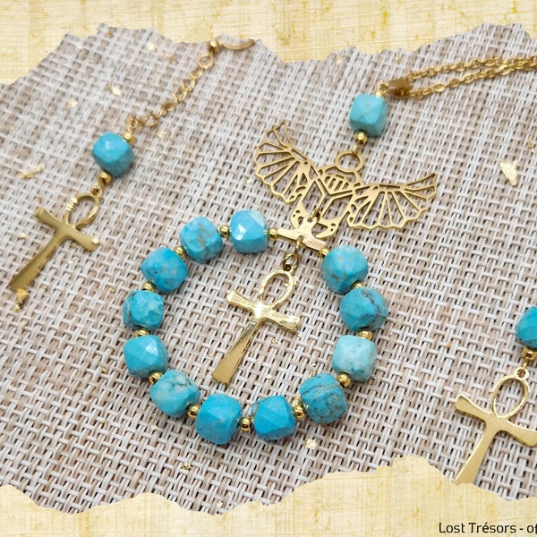 Bijou Egyptien - PARURE GIZEH - Collier et boucles d'oreilles - Perle couleur Turquoise & Acier inoxydable - Scarabée ailé et Croix Ankh