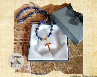 Bijou egyptien - COLLIER Blue Egypt en Lapis-lazuli et acier inoxydable - croix égyptienne - croix ankh