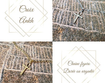 Bijou Egyptien - BIJOU HOMME - Croix Ankh - Chaîne Figaro - Acier inoxydable - Croix Egyptienne