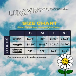 May include: Size chart for Gildan 5000 Unisex Heavyweight Cotton t-shirts. The chart shows measurements in inches for width, length, and sleeve length for sizes S, M, L, and XL.  *For true oversize fit, order a size up*