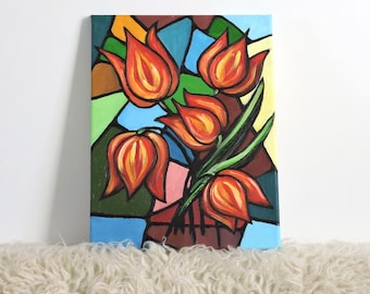 Tulipes rouges, peinture à l'huile originale, fleurs de la nature, petite peinture à l'huile sur toile tendue, dimension 25,4 x 35,4 cm/décoration de salon