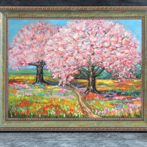 Flowering Trees in Spring Oil Painting Impasto Spring Painting Original Large Canvas Size 31,5 x 23,5 inches One of a Kind Artwork