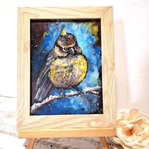 Pintura original de pájaro acrílico/Pintura acrílica de tamaño pequeño Pájaro en una rama Escena invernal Enmarcada Lista para colgar/Listo para regalar Arte pequeño