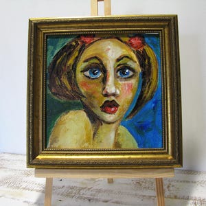Girl Portrait Acrylic Painting, Framed Original Art (7.8x7.8 in)