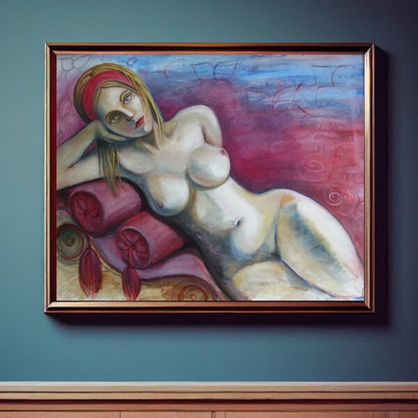 Nude woman large size oil painting/original art resting nude woman/stretched canvas large oil painting original/bedroom wall decoration