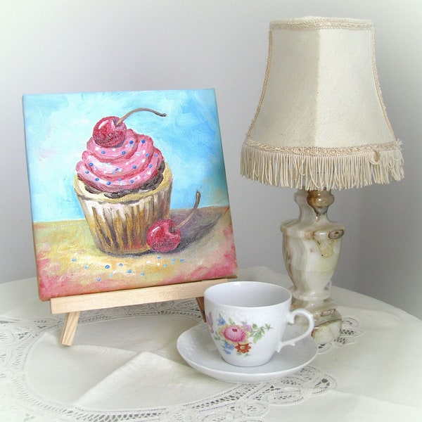 Peinture à l'huile originale sur cupcake/ Cupcake aux cerises/ Nourriture sur toile/Peinture dessert crème à la cerise/ artworkuvres d'art de cuisine/Décoration murale de salle à manger