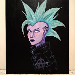 Original Painting Girl with a Safety Pin Earring/ Punk Girl Acrylic Painting Original Art/ Black Blue Green Wall Decor Punk Girl Portrait